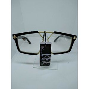 Retro Sunglasses Dark Black Frame & Clear Lens W Gold Bumblebee Gangster Diva